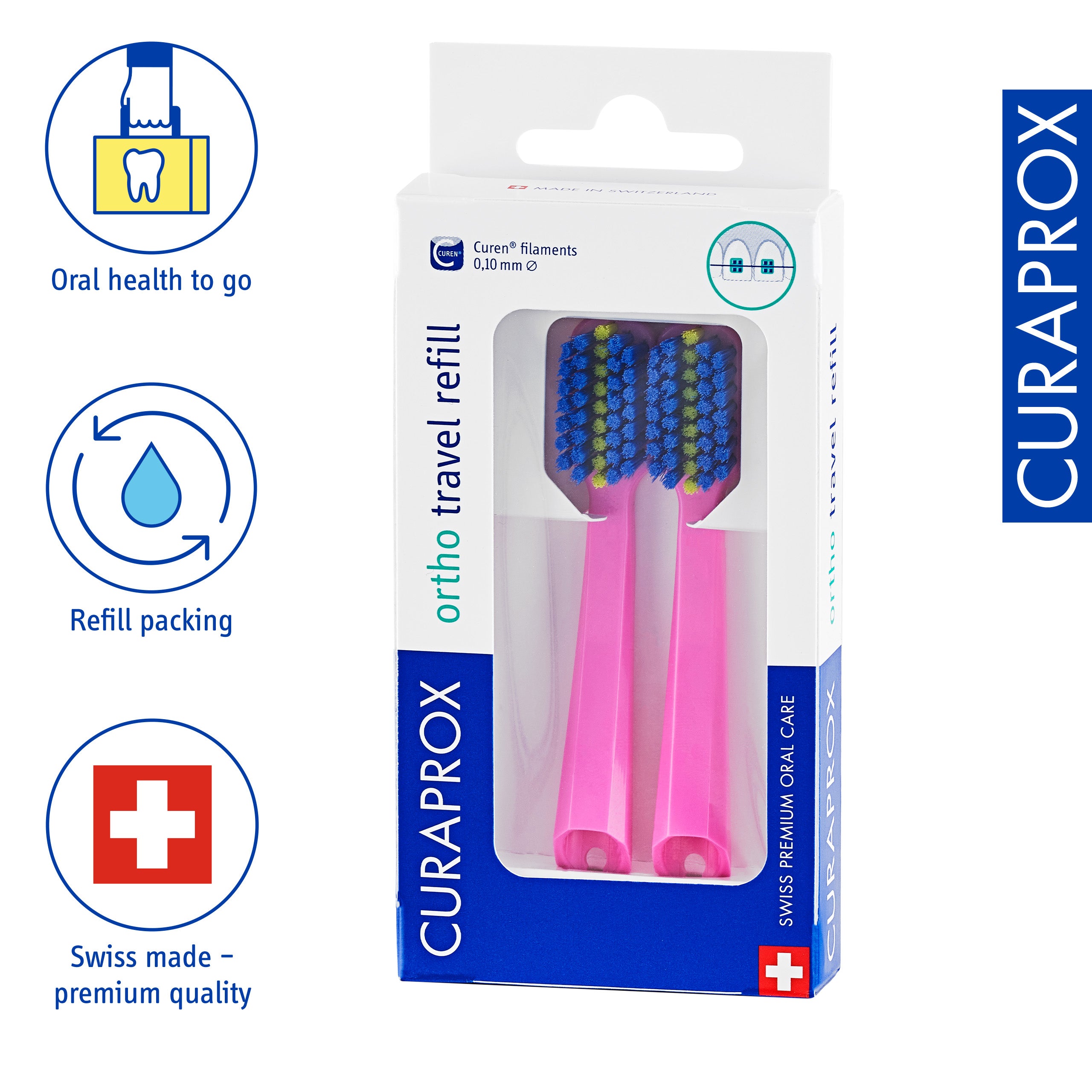 Ortho Travel Set spare brush head, Pink, 2 pcs